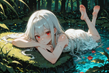 138484-3972503944-preteen girl long hair silver hair red eyes freckles, sole in koi pond