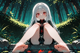 138485-1815652209-preteen girl long hair silver hair red eyes freckles, sole in koi pond, low angle