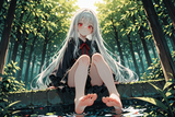 138486-1815652210-preteen girl long hair silver hair red eyes freckles, sole in koi pond, low angle