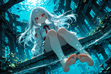 138499-3479850608-preteen girl long hair silver hair red eyes freckles, soles in koi pond, low angle, from under water, floating ruins