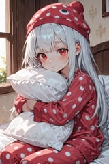 138546-876274668-preteen girl long hair silver hair red eyes freckles, pyjamas, holding pillow, pyjama hat, bright day
