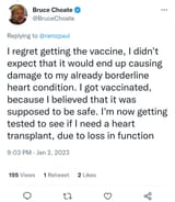 2023-01-02 Bruce Choate @BruceChoate Twitter Tweet COVID-19 Vaccine Vaxx Jab Regrets Heart Condition Damage Injuries