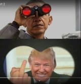 trump shows middle finger as obama looks thru binoculars