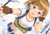 1girl, short stack, blue eyes, brown hair, gloves, snow, official alternate cost s-1664318519