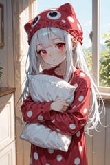 138547-627960291-preteen girl long hair silver hair red eyes freckles, pyjamas, holding pillow, pyjama hat, bright day, noon