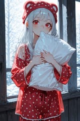 138551-21504237-preteen girl long hair silver hair red eyes freckles, see through pyjamas, holding pillow, pyjama hat, bright day, noon, damp