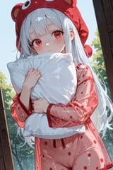 138555-396257082-preteen girl long hair silver hair red eyes freckles, see through pyjamas, holding pillow, pyjama hat, bright day, noon, cleft o