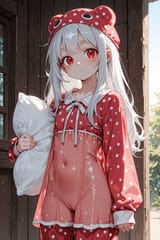 138556-396257083-preteen girl long hair silver hair red eyes freckles, see through pyjamas, holding pillow, pyjama hat, bright day, noon, cleft o