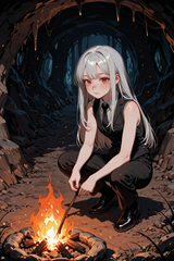 138693-1769851519-preteen girl long hair silver hair red eyes freckles, vest, tie, sleeveless shirt, campfire, cave