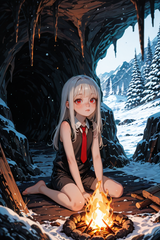 138718-1861394171-solo loli, preteen girl long hair silver hair red eyes freckles, vest, tie, sleeveless shirt, campfire, cave, snow storm outside