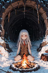 138725-605897652-solo loli, preteen girl long hair silver hair red eyes freckles, vest, tie, sleeveless shirt, campfire, sandstone cave, snow sto