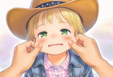 1girl, loli, aged down, immature female, child, blonde hair, cowboy hat, green s-3672951767