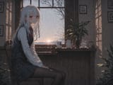 138803-3493700968-Sitting at cafe window_ADDBASE___Melia__, vest, tie, shirt, leggings, skirt, sunny window_ADDCOL_rainy window