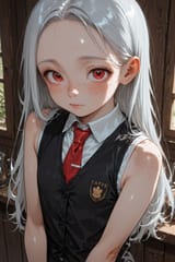 138955-416322338-manga style preteen girl long hair silver hair red eyes freckles, loli, vest tie sleeveless shirt, Café