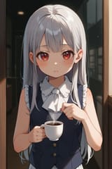 138968-2084358870-Source_photo, manga style preteen girl long hair silver hair red eyes freckles, loli, vest ascot sleeveless shirt, selling coffe