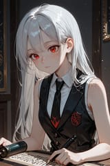 138975-3088734696-preteen girl long hair silver hair red eyes freckles, long vest, tie, sleeveless shirt, writing scroll