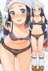 1girl, Akari (pokemon), smile, lace panties, lace bra, lingerie, coat, open clot s-329985436