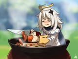 Konachan.com - 316767 crying food genshin_impact gray_hair halo jmg knife paimon_(genshin_impact) parody scarf short_hair signed