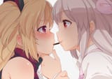 Konachan.com - 275291 2girls akatsuki_yuni blonde_hair blush close food gray_hair kiss long_hair natori_sana pocky purple_eyes r
