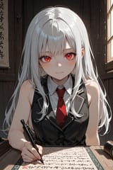 138976-3088734697-preteen girl long hair silver hair red eyes freckles, long vest, tie, sleeveless shirt, writing scroll