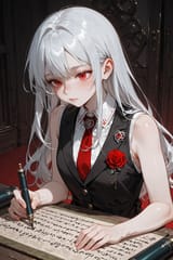 138977-757286453-preteen girl long hair silver hair red eyes freckles, long vest, tie, sleeveless shirt, writing scroll, rose lapel