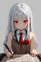 138982-413949838-preteen girl long hair silver hair red eyes freckles, roman vest, tie, sleeveless shirt, writing scroll, rose lapel, loli