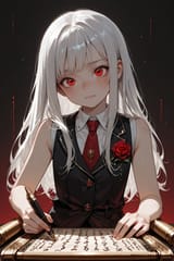 138985-4178829185-preteen girl long hair silver hair red eyes freckles, roman vest, tie, sleeveless shirt, energetic, writing evil scroll, rose la