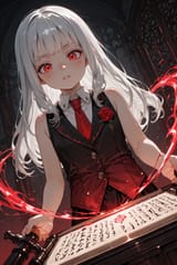 138989-3020833848-preteen girl long hair silver hair red eyes freckles, roman vest, tie, sleeveless shirt, energetic, writing evil scroll, rose la
