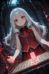 138991-4203207963-preteen girl long hair silver hair red eyes freckles, roman vest, tie, sleeveless shirt, energetic, writing evil scroll, rose la
