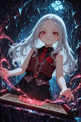 138993-1103650875-preteen girl long hair silver hair red eyes freckles, roman vest, tie, sleeveless shirt, energetic, writing evil scroll, rose la
