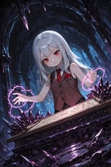 138997-2717325041-[_preteen girl long hair silver hair red eyes freckles_0.1], roman vest, tie, sleeveless shirt, energetic, writing evil scroll,
