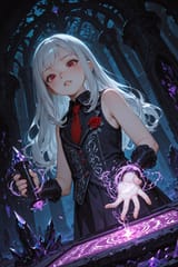 139000-733783781-[_preteen girl long hair silver hair red eyes freckles_0.1], roman vest, tie, sleeveless shirt, energetic, writing evil scroll,