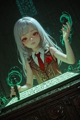 139010-2980156744-3D, [_preteen girl long hair silver hair red eyes freckles_0.1], roman vest, tie, sleeveless shirt, energetic, writing evil scro