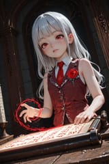 139020-3862154209-3D, [_preteen girl long hair silver hair red eyes freckles_0.1], roman vest, tie, sleeveless shirt, energetic, writing evil scro