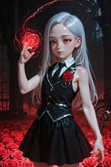 139027-3421378170-3D, [_preteen girl long hair silver hair red eyes freckles_0.1], vest, tie, sleeveless shirt, energetic, rose lapel, loli, swirl