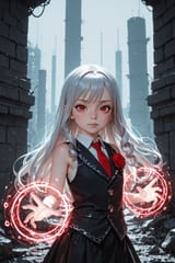 139030-1234121186-3D, [_preteen girl long hair silver hair red eyes freckles_0.1], vest, tie, sleeveless shirt, energetic, rose lapel, loli, swirl