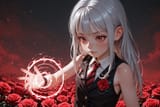 139032-532457402-3D, [_preteen girl long hair silver hair red eyes freckles_0.1], vest, tie, sleeveless shirt, energetic, rose lapel, loli, swirl