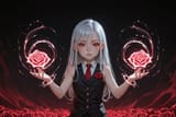 139033-273633454-3D, [_preteen girl long hair silver hair red eyes freckles_0.1], vest, tie, sleeveless shirt, energetic, rose lapel, loli, swirl