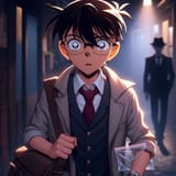 a 16 year old detective conan with glasses and normal clothes walking in a dark alley with a messenger satchel and a ziplock bag filled with something, looking nervous