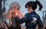 139042-435427052-drawn chibi, (vast battlefield_1.25), 2girls, (back against back_1.3)_ADDBASE _preteen girl long hair silver hair red eyes freck