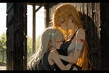 140282-2193874316-rundown shed, 2 girls cuddling from behind_ADDBASE___Melia__, vest, sleeveless shirt, tie, sideboob, small breasts, content smil