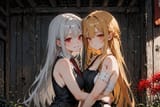 140289-427511567-rundown shed, 2 girls cuddling from behind_ADDBASE___Melia__, vest, sleeveless shirt, tie, sideboob, small breasts, content smil