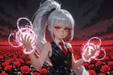 139072-2253384194-3d, (vast battle field_1.5), _preteen girl silver hair, very long ponytail, bangs, red eyes freckles, vest, tie, sleeveless shir