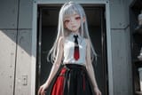 139078-4061907019-3D, preteen girl long hair silver hair red eyes freckles, est, tie, sleeveless shirt, split skirt, long skirt