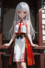139082-2262061380-3D, preteen girl long hair silver hair red eyes freckles, est, tie, sleeveless shirt, split chinese skirt, long skirt, bare leg
