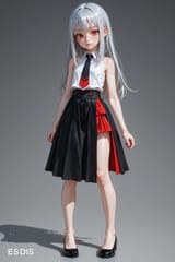 139083-849876500-3D, preteen girl long hair silver hair red eyes freckles, est, tie, sleeveless shirt, split skirt, long skirt, bare leg