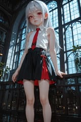 139085-1885315016-3D, preteen girl long hair silver hair red eyes freckles, est, tie, sleeveless shirt, split skirt, long skirt, bare leg, glass h