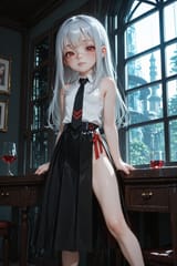 139087-2794982481-3D, preteen girl long hair silver hair red eyes freckles, est, tie, sleeveless shirt, open split skirt, long skirt, bare leg, gl