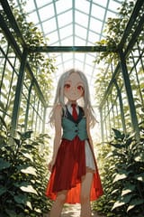 139097-2401600107-moody lighting, preteen girl long hair silver hair red eyes freckles, vest, tie, sleeveless shirt, open split skirt, long skirt,