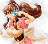 11596 - black_rock_shooter brown_eyes brown_hair choker couettes décolleté glowing_eyes huge_breasts mikuru mikuru_beam open_mouth parodie poitrine serveuse solo under-siege v